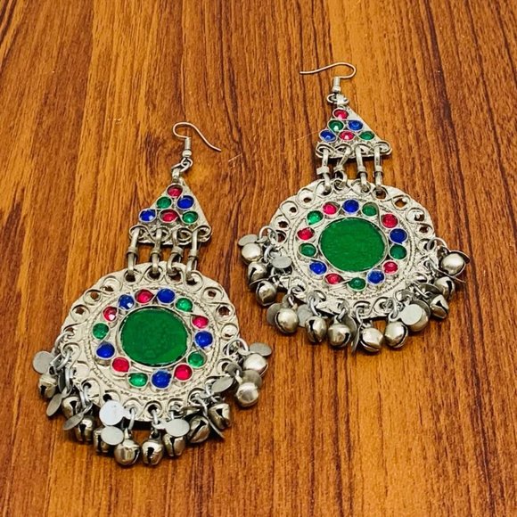 Afghan Kuchi Dangle Earrings: Silver Bells, Glass Stones, Boho Jewelry - Picture 2 of 7